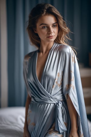 close portrait, 24 years old lady wears bed wrap dress in her bedroom, 30 style of Pinterest dress, artistic, cinematic mood, full shot , feminine,photo r3al, cleavage