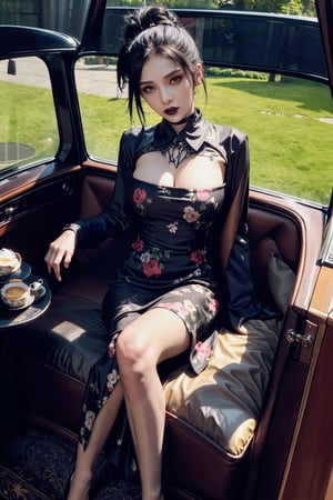 beautiful (goth:1.4) woman, edgVTD, (wearing edgVTD:1.4), dark floral print, collared dress, formal dress attire, perfect hair, ponytail, looking at viewer, teasing viewer, (afternoon tea:1.2), full body, (masterpiece),
