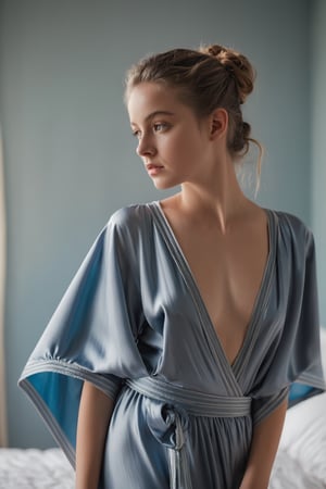 close portrait, 18 years old lady wears bed wrap dress in her bedroom, 30 style of Pinterest dress, artistic, cinematic mood, full shot , feminine,photo r3al, cleavage