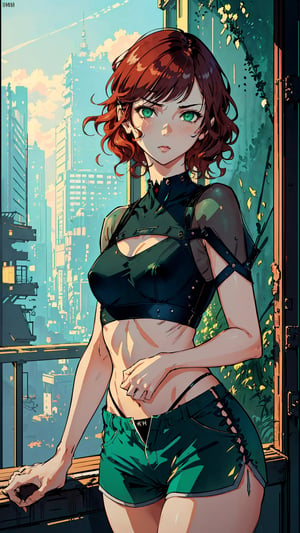 cyberpunk, (absurdres), masterpiece, best quality, sharp focus, soft lighting, (full shot), (realistic), (cowboy shot), (beautiful) (petite:1.21) (medium breasts:0.96), stunningly attractive (tomboy) girl, (playful:1.2), (aroused:1.3), nature backdrop, ( red very short wavy hair:1.21), (amazing feminine face:1.21), (detailed freckles:0.96), (beautiful realistic green eyes:1.21), (small nose:1.11), (narrow waist:1.31), (wide hips:1.11), (thick thighs:1.01), (long legs), (excellent hands fingers thumbs:1.16), (Yoji Shinkawa:1.01), (Raymond Leech:1.11), (Range Murata:1.11), (Alena Aenami:1.01), (Pascal Campion:1.16), (Rebecca Guay:1.11), (Sparth:1.01), (r/eyes:1.21), (confident expression:1.21), (nose blush:0.81), (cleavage:0.81) (elegant) (intricate) (cute:1.01) tight t-shirt, exposed midriff, (shorts:1.21), (pixie cut:1.21)
