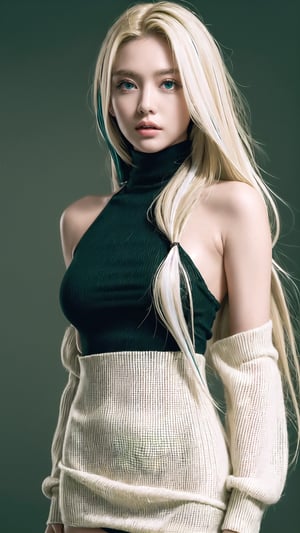 (photorealistic:1.4), large eyes, (deep green eyes:1.1), drooping eyes, perfect breasts, white skin, (blonde and black streaked hair:1.3), long flowing hair, bare shoulder turtleneck shirts, mini skirt, full body view, [:(see-through stole:1.3):30]