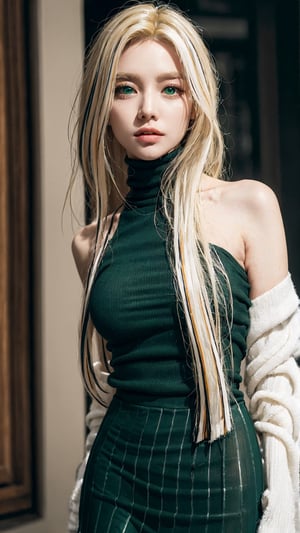 (photorealistic:1.4), large eyes, (deep green eyes:1.1), drooping eyes, perfect breasts, white skin, (blonde and black streaked hair:1.3), long flowing hair, bare shoulder turtleneck shirts, mini skirt, full body view, [:(see-through stole:1.3):30]