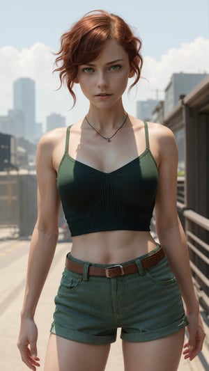 cyberpunk, (absurdres), masterpiece, best quality, sharp focus, soft lighting, (full shot), (realistic), (cowboy shot), (beautiful) (petite:1.21) (medium breasts:0.96), stunningly attractive (tomboy) girl, (playful:1.2), (aroused:1.3), nature backdrop, ( red very short wavy hair:1.21), (amazing feminine face:1.21), (detailed freckles:0.96), (beautiful realistic green eyes:1.21), (small nose:1.11), (narrow waist:1.31), (wide hips:1.11), (thick thighs:1.01), (long legs), (excellent hands fingers thumbs:1.16), (Yoji Shinkawa:1.01), (Raymond Leech:1.11), (Range Murata:1.11), (Alena Aenami:1.01), (Pascal Campion:1.16), (Rebecca Guay:1.11), (Sparth:1.01), (r/eyes:1.21), (confident expression:1.21), (nose blush:0.81), (cleavage:0.81) (elegant) (intricate) (cute:1.01) tight t-shirt, exposed midriff, (shorts:1.21), (pixie cut:1.21)
