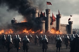 a big castle in a siege, cinematic shot, sorrounded by army, fire everywhere, medieval castle, medieval targaryen army, a big city in the background, gloomy sky