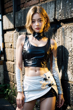 award winning photo, extremely detailed, amazing, fine detail, highly detailed woman, (extremely detailed eyes and face), full body, large breasts, (leather miniskirt), fitness, short blond hair, (stripes, belts), wrist watch, (dark alley, dark night), (oversized loose white croptop:1.4), no bra,
