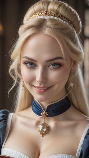 medieval, dlsr photo,8k, 1 busty cute 20 yo maid, smirk, light sparkling eyes, porcelain oiled skin, choker, long blond hair, bun hair,detailmaster2