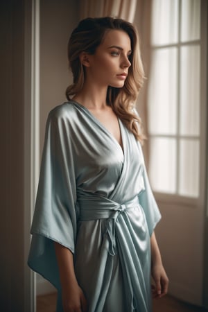 close portrait, 24 years old lady wears bed wrap dress in her bedroom, 30 style of Pinterest dress, artistic, cinematic mood, full shot , feminine