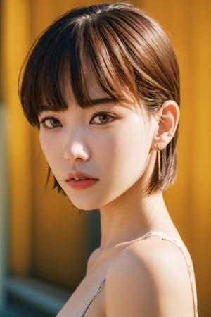 A dramatic portrait of a young woman with a stylish haircut and piercing eyes. The photo is shot in a high-contrast style, with strong shadows and highlights, emphasizing the model's sharp features. The photo was taken with a film camera, using a fast prime lens, which gives the image a gritty and raw feel. The portrait is perfect for use in fashion magazines, advertising campaigns, or as a striking wall art print.