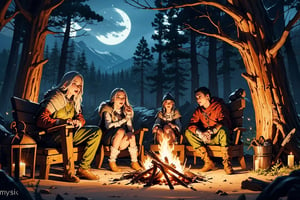 a group of fantasy medieval traveler in a campfire, windy night, cold nights, medieval fantasy forest, cinematic