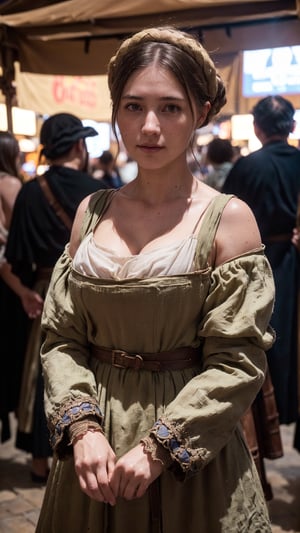 A medieval peasant girl in a crowded medieval marketplace, ultra high quality, real image, realistic, real-life skin, dynamic lighting, cinematic, (hyperrealism:1.2), (8K UHD:1.2), (photorealistic:1.2), shot with Canon EOS 5D Mark IV,FFIXBG,horror