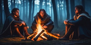 a group of fantasy medieval traveler in a campfire, windy night, cold nights, medieval fantasy forest, cinematic