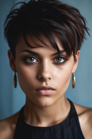 A dramatic portrait of a young woman with a stylish haircut and piercing eyes. The photo is shot in a high-contrast style, with strong shadows and highlights, emphasizing the model's sharp features. The photo was taken with a film camera, using a fast prime lens, which gives the image a gritty and raw feel. The portrait is perfect for use in fashion magazines, advertising campaigns, or as a striking wall art print.
