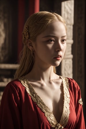 young red woman, red priest, in red temple, game of thrones, masterpiece, best quality (detailed face, detailed skin texture, ultra detailed body), (cinematic light: 1.1), very detailed, 1girl,