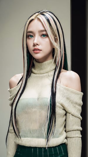 (photorealistic:1.4), large eyes, (deep green eyes:1.1), drooping eyes, perfect breasts, white skin, (blonde and black streaked hair:1.3), long flowing hair, bare shoulder turtleneck shirts, mini skirt, full body view, [:(see-through stole:1.3):30]