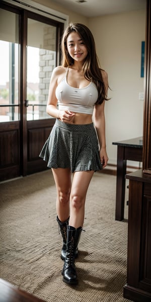 1girls, Korean, long hair, 19 years old, tank top, perfect boobs, mini skirt, boots, full_body, smile