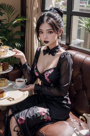 beautiful (goth:1.4) woman, edgVTD, (wearing edgVTD:1.4), dark floral print, collared dress, formal dress attire, perfect hair, ponytail, looking at viewer, teasing viewer, (afternoon tea:1.2), full body, (masterpiece),
,Indonesiadoll