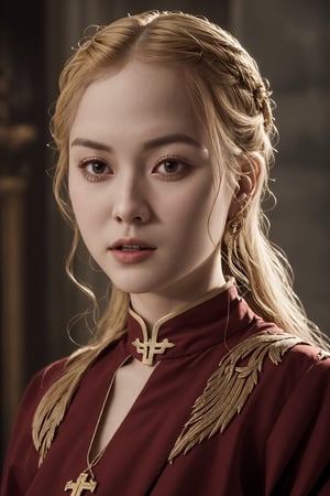 young red woman, red priest, in red temple, game of thrones, masterpiece, best quality (detailed face, detailed skin texture, ultra detailed body), (cinematic light: 1.1), very detailed, 1girl,