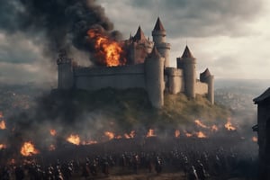 a big castle in a siege, cinematic shot, sorrounded by army, fire everywhere, medieval castle, medieval targaryen army, a big city in the background, gloomy sky