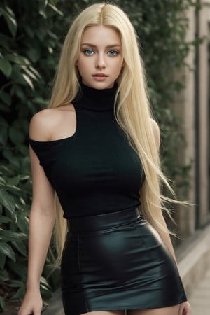 (photorealistic:1.4), large eyes, (deep green eyes:1.1), drooping eyes, perfect breasts, white skin, (blonde and black streaked hair:1.3), long flowing Rapunzel hair, BREAK bare shoulder turtleneck shirts, mini skirt, stole, [:(see-through stole:1.3):30]