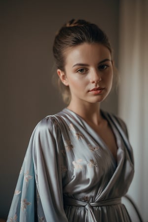 close portrait, 24 years old lady wears bed wrap dress in her bedroom, 30 style of Pinterest dress, artistic, cinematic mood, full shot , feminine,photo r3al