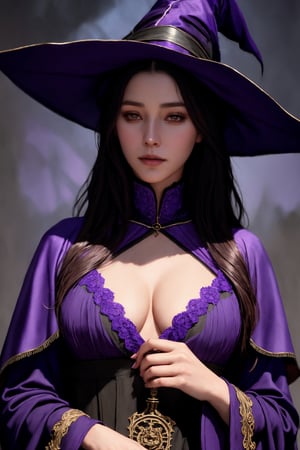 dalcefo, (a medieval witch in purple clothes), 1girl, modelshoot style, intricate details, masterpiece, cinematic lighting, dramatic, trending on artstation, highly detailed body, highly detailed face, ultra resolution, painting art by greg rutkowski and ruan jia, ilya kuvshinov fantasy ambiance