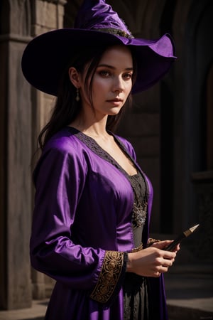 dalcefo, (a medieval witch in purple clothes), 1girl, modelshoot style, intricate details, masterpiece, cinematic lighting, dramatic, trending on artstation, highly detailed body, highly detailed face, ultra resolution, painting art by greg rutkowski and ruan jia, ilya kuvshinov fantasy ambiance