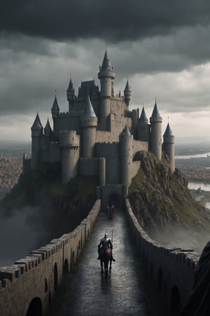 a big castle in a siege, cinematic shot, medieval castle, medieval targaryen army, a big city in the background, gloomy sky