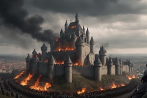 a big castle in a siege, cinematic shot, sorrounded by army, fire everywhere, medieval castle, medieval targaryen army, a big city in the background, gloomy sky