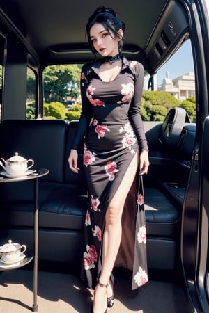 beautiful (goth:1.4) woman, edgVTD, (wearing edgVTD:1.4), dark floral print, collared dress, formal dress attire, perfect hair, ponytail, looking at viewer, teasing viewer, (afternoon tea:1.2), full body, (masterpiece),
