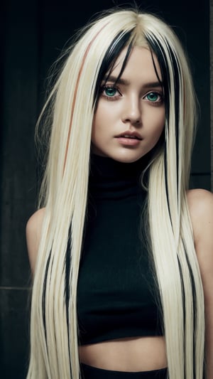 (photorealistic:1.4), large eyes, (deep green eyes:1.1), drooping eyes, perfect breasts, white skin, (blonde and black streaked hair:1.3), long flowing hair, bare shoulder turtleneck shirts, mini skirt, full body view, [:(see-through stole:1.3):30]