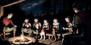 a group of fantasy medieval traveler in a campfire, windy night, cold nights, medieval fantasy forest, cinematic