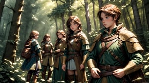 small group of adventurers exploring a forest, artistry illustration, (masterpiece), best quality, highres, 4k, 8k, Detailed Illustration, intricate detail, cinematic lighting, amazing quality, 1girl, fit female, amazing shading, soft lighting, facing camera, perfect eyes,FFIXBG,no_humans,EpicArt