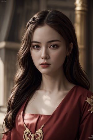 young red woman, red priest, in red temple, game of thrones, masterpiece, best quality (detailed face, detailed skin texture, ultra detailed body), (cinematic light: 1.1), very detailed, 1girl,