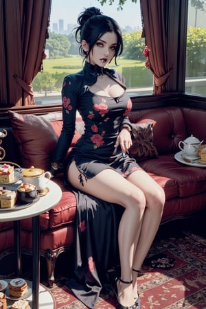 beautiful (goth:1.4) woman, edgVTD, (wearing edgVTD:1.4), dark floral print, collared dress, formal dress attire, perfect hair, ponytail, looking at viewer, teasing viewer, (afternoon tea:1.2), full body, (masterpiece),
