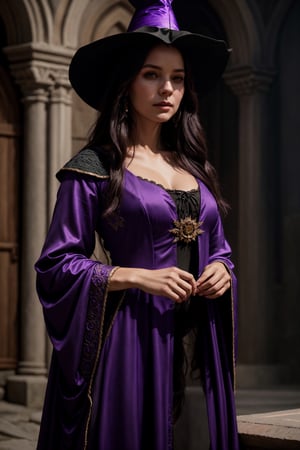 dalcefo, (a medieval witch in purple clothes), 1girl, modelshoot style, intricate details, masterpiece, cinematic lighting, dramatic, trending on artstation, highly detailed body, highly detailed face, ultra resolution, painting art by greg rutkowski and ruan jia, ilya kuvshinov fantasy ambiance