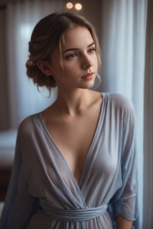 close portrait, 18 years old lady wears bed wrap dress in her bedroom, 30 style of Pinterest dress, artistic, cinematic mood, full shot , feminine, cleavage, perfect breast