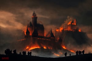 a big castle in a siege, cinematic shot, sorrounded by army, fire everywhere, medieval castle, medieval targaryen army, a big city in the background, gloomy sky