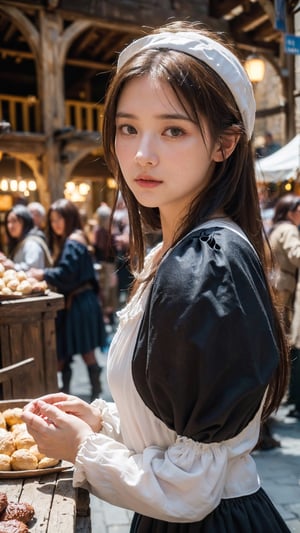 A medieval peasant girl in a crowded medieval marketplace, ultra high quality, real image, realistic, real-life skin, dynamic lighting, cinematic, (hyperrealism:1.2), (8K UHD:1.2), (photorealistic:1.2), shot with Canon EOS 5D Mark IV,FFIXBG,horror