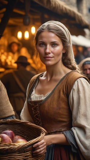 A medieval peasant girl in a crowded medieval marketplace, ultra high quality, real image, realistic, real-life skin, dynamic lighting, cinematic, (hyperrealism:1.2), (8K UHD:1.2), (photorealistic:1.2), shot with Canon EOS 5D Mark IV