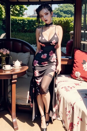 beautiful (goth:1.4) woman, edgVTD, (wearing edgVTD:1.4), dark floral print, collared dress, formal dress attire, perfect hair, ponytail, looking at viewer, teasing viewer, (afternoon tea:1.2), full body, (masterpiece),
