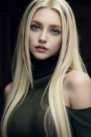(photorealistic:1.4), large eyes, (deep green eyes:1.1), drooping eyes, perfect breasts, white skin, (blonde and black streaked hair:1.3), long flowing Rapunzel hair, bare shoulder turtleneck shirts, mini skirt, stole, [:(see-through stole:1.3):30]