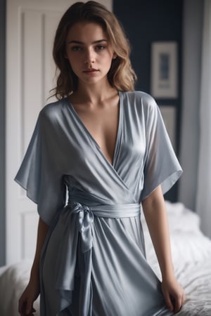 close portrait, 18 years old lady wears bed wrap dress in her bedroom, 30 style of Pinterest dress, artistic, cinematic mood, full shot , feminine, cleavage, perfect breast
