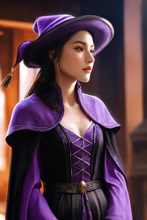 dalcefo, (a medieval witch in purple clothes), 1girl, modelshoot style, intricate details, masterpiece, cinematic lighting, dramatic, trending on artstation, highly detailed body, highly detailed face, ultra resolution, painting art by greg rutkowski and ruan jia, ilya kuvshinov fantasy ambiance