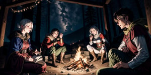 a group of fantasy medieval traveler in a campfire, windy night, cold nights, medieval fantasy forest, cinematic