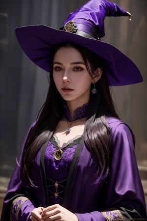 dalcefo, (a medieval witch in purple clothes), 1girl, modelshoot style, intricate details, masterpiece, cinematic lighting, dramatic, trending on artstation, highly detailed body, highly detailed face, ultra resolution, painting art by greg rutkowski and ruan jia, ilya kuvshinov fantasy ambiance