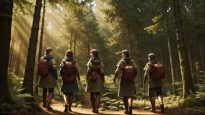 small group of adventurers exploring a forest, artistry illustration, (masterpiece), best quality, highres, 4k, 8k, Detailed Illustration, intricate detail, cinematic lighting, amazing quality, 1girl, fit female, amazing shading, soft lighting, facing camera, perfect eyes