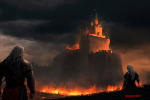 a big castle in a siege, cinematic shot, sorrounded by army, fire everywhere, medieval castle, medieval targaryen army, a big city in the background, gloomy sky
