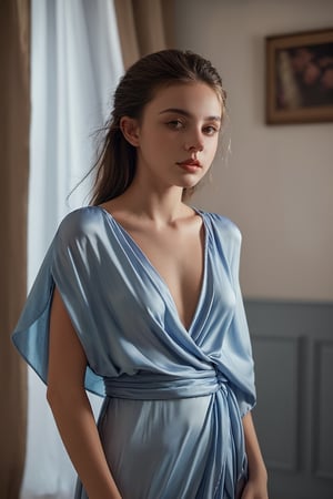 close portrait, 18 years old lady wears bed wrap dress in her bedroom, 30 style of Pinterest dress, artistic, cinematic mood, full shot , feminine,photo r3al, cleavage