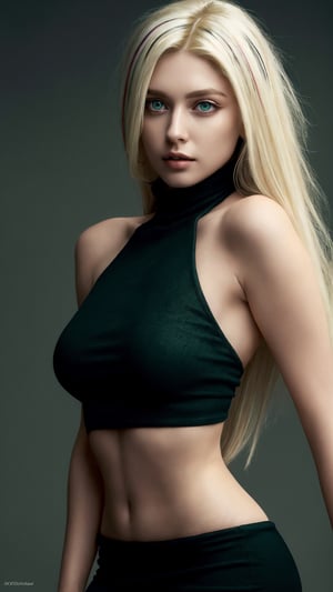 (photorealistic:1.4), large eyes, (deep green eyes:1.1), drooping eyes, perfect breasts, white skin, (blonde and black streaked hair:1.3), long flowing hair, bare shoulder turtleneck shirts, mini skirt, full body view, [:(see-through stole:1.3):30]