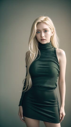 (photorealistic:1.4), large eyes, (deep green eyes:1.1), drooping eyes, perfect breasts, white skin, (blonde and black streaked hair:1.3), long flowing hair, bare shoulder turtleneck shirts, mini skirt, full body view, [:(see-through stole:1.3):30]